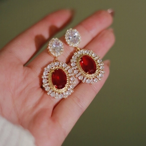 Vintage French Court Style Copper Red Gemstone Stud Earrings Gold Plated Zirconia Inlaid Elegant Wedding Party Women Jewelry