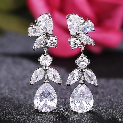 Orecchini Pendenti In Rame Zirconia Forma Pera Foglia Floreale Lusso Gioielli Matrimonio Festa Per Donne