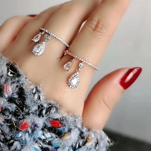 Anillo Abierto de Cobre Ajustable Para Mujer Con Colgante de Gota de Agua de Circonia Personalizado Fino Apilable Joyería Moda