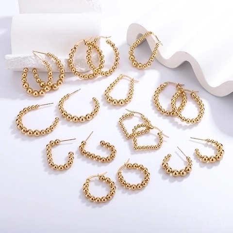 Stainless Steel Beaded Hoop Earrings For Women Gold Silver C-Shape Heart U-Shape Geometric Ball Minimalist Jewelry