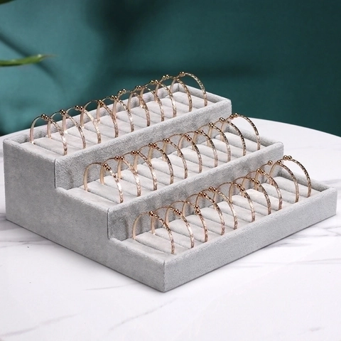 Tiered Velvet Jewelry Display Stand Ice Flower Velvet Ring Holder Bracelet Bangle Organizer Tray Professional Jewelry Showcase Rack