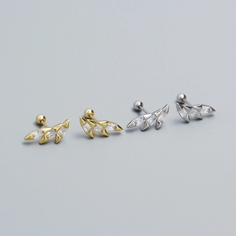 Wing Stud Earrings With Zircon 925 Sterling Silver Earring Post Screw Back Piercing Cartilage Geometric Leaf For Women
