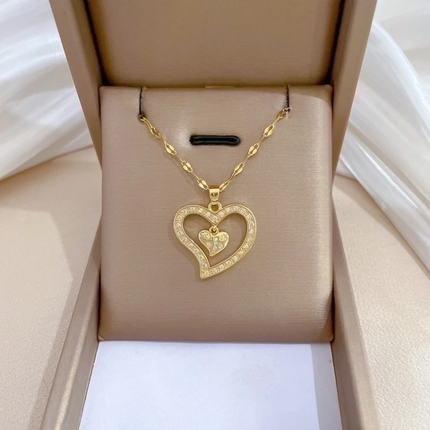 Doppel Herz Anhänger Halskette Vergoldet Edelstahl Kupfer Zirkon Mikro Pave Luxus Eleganter Schmuck Für Damen