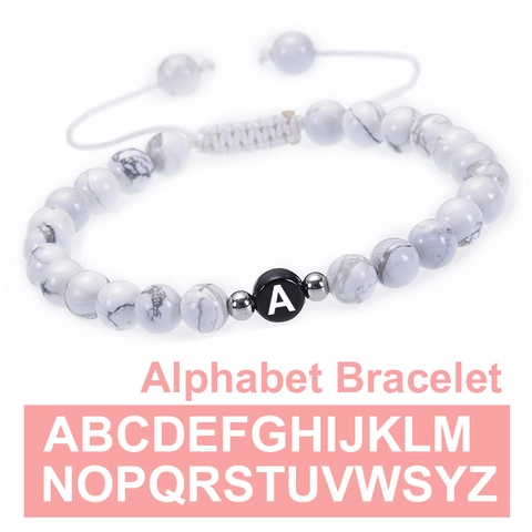 Natural White Turquoise Beaded Bracelet With Initial Letter Adjustable Braided Rope Jewelry Gift For Couples Unisex Style