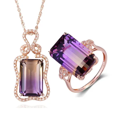 Rechteckiger Smaragdschliff Ametrin Anhänger Halskette Und Ring Legierung Roségold Vergoldet Eleganter Schmuck Valentinstag Geschenk Frauen
