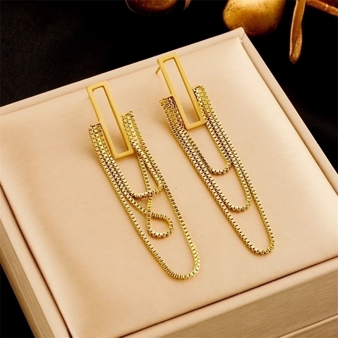 Mode Titanstahl Vergoldet Dreischichtige Boxkette Quaste Geometrische Rechteck Lange Hängende Ohrringe Für Damen Chic Schmuck