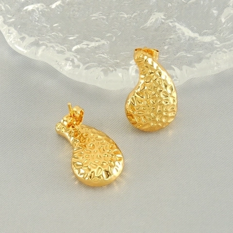 Gehämmerte Tropfen Ohrstecker 18K Vergoldet Edelstahl Unregelmäßiges Geometrisches Komma Design Für Damen Kühner Schmuck