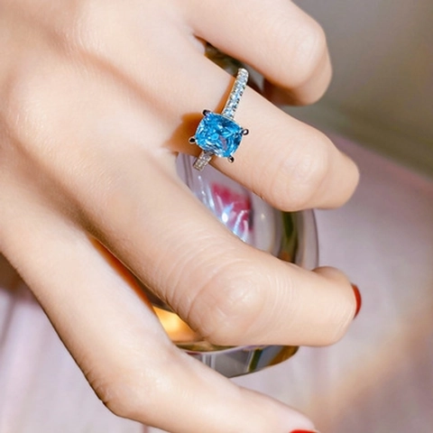 Elegant Square Blue Zirconia Open Ring For Women Copper Silver Plated Adjustable Minimalist Geometric Finger Ring Fashion Jewelry Gift