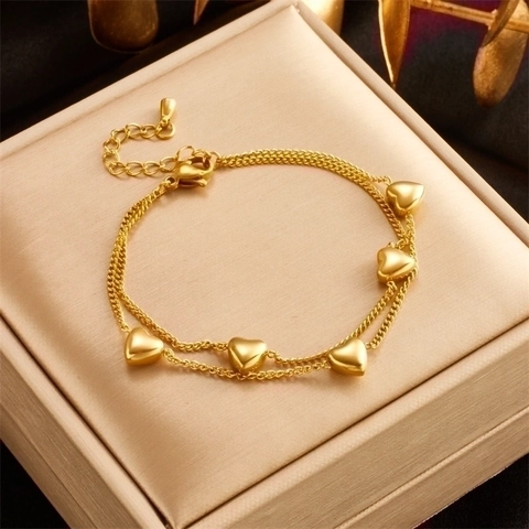 Minimalist Double Layer Titanium Steel Heart Bracelet For Women Gold Color Adjustable Commuter Fashion Jewelry Bracelet