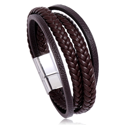 Pulsera De Cuero PU Trenzado Multicapa Para Hombre Con Cierre Magnético De Aleación Joyería Retro Simple