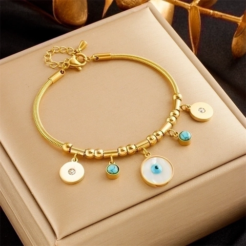 Böhmisches Gold Edelstahl Böses Auge Anhänger Armband Für Damen Vintage Synthetischer Türkis Strass Schmuck