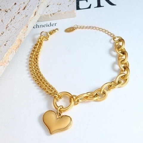 Western Fashion Titanium Steel Heart Charm Cuban Chain Patchwork Bracelet 18K Gold Plated Women Jewelry Non-Fading Hand Jewelry