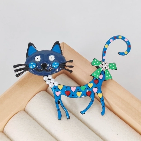 Broche Gato Esmalte Aleación Patrón Corazón Alfiler Con Imitación Perla Artificial Y Lazo De Diamantes De Imitación Joyería Vintage