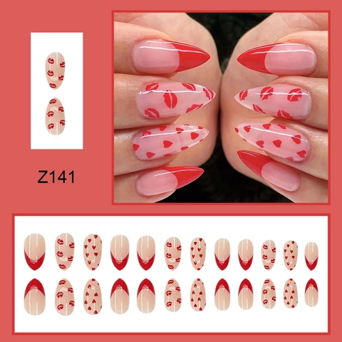 Lange Stiletto Kunstnägel Rote French Tip Herz Lippen Muster Ins Style Elegante Künstliche Nägel Für Frauen Valentine Neujahr Party