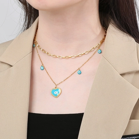 Stainless Steel Jewelry Set Fashion Heart Evil Eye Pendant Double Layer Necklace And Heart Stud Earrings For Women