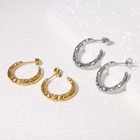 Hammered Stainless Steel C Shaped Hoop Earrings For Women Minimalist Vintage Geometric Gold Plated High End Jewelry