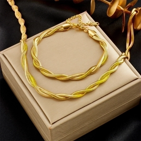 Joyas De Acero Inoxidable Chapado En Oro Collar Y Pulsera De Cadena Trenzada Retorcida Para Mujer Estilo Simple