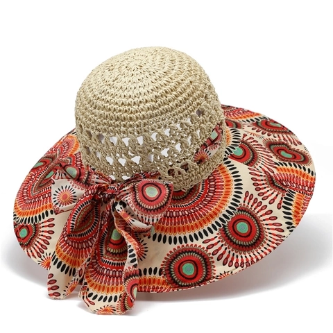 Women Sun Hat Bohemian Paisley Print Wide Brim Straw Woven Breathable Beach Vacation Summer Foldable Bow Decor