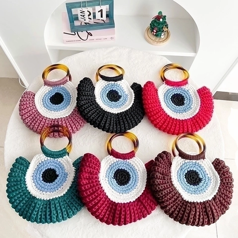 Bolso De Mano De Algodón Tejido A Mano Evil Eye Asa Redonda Resina Borla Concha Informal Playa Moda Para Mujeres