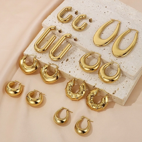 Pendientes De Aro Gruesos Acero Inoxidable Chapado En Oro 18K Forma U Geométrico Liso Hipoalergénico Mujeres