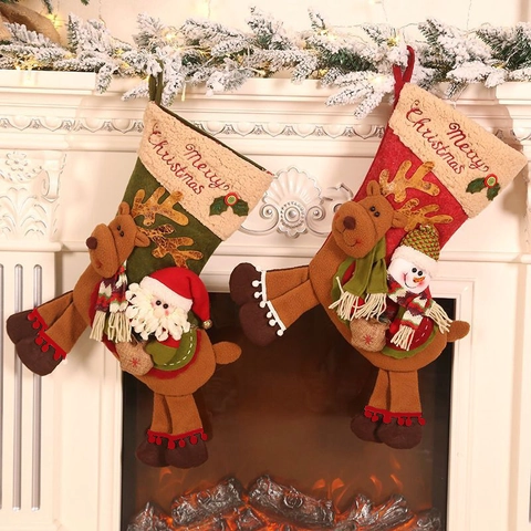 3D Plush Christmas Stocking Large Santa Snowman Reindeer Gift Bag For Fireplace Hanging Decoration Xmas Party Decor
