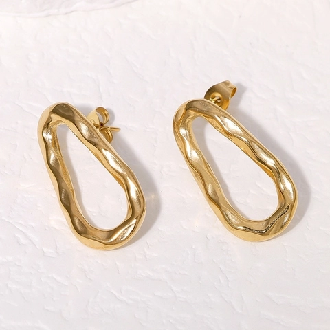 Irregular Oval Stud Earrings Stainless Steel Hammered Wave Texture Geometric Minimalist Fashion Jewelry For Women