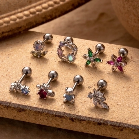 Roestvrijstalen Oorkraakbeen Stud Piercing Sieraden Kleurrijke Zirkonia Bloem Hart Beer Ster Schroefbal Achterkant Vrouwen