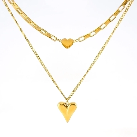 Dubbele Laag Hart Hanger Ketting Roestvrij Staal 18K Verguld Retro Hart Sieraden Voor Dames