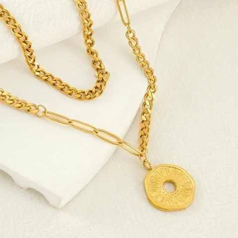 Collana In Acciaio Inossidabile Doppio Strato Placcata Oro 18K Pendente A Disco Strutturato Tondo Gioielli Vintage Donna