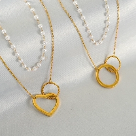Collana Doppia Con Künstliche Perle Da Donna Acciaio Inossidabile 304 Placcato Oro 18K Ciondolo A Cuore Geometrico Stile Vintage Francese