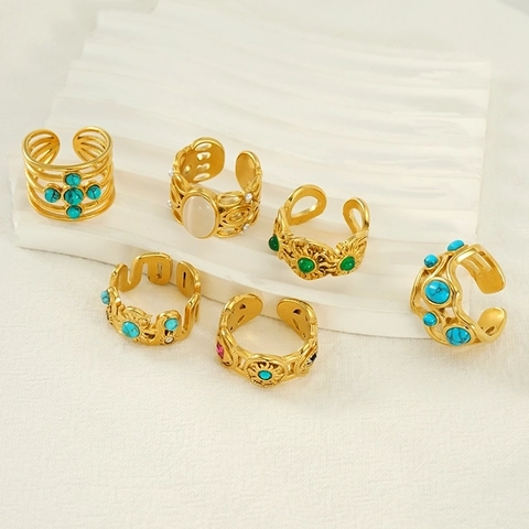 Vintage Edelstahl Offener Verstellbarer Ring Für Damen Herren 18K Vergoldet Eingelegt Malachit Türkis Strass Fingerschmuck