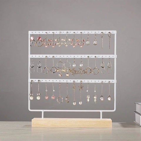 Ohrring Display Ständer Schmuck Organizer Metallrahmen Mit Holzsockel Desktop Mehrstöckig Loch Für Ohrstecker Aufhängung