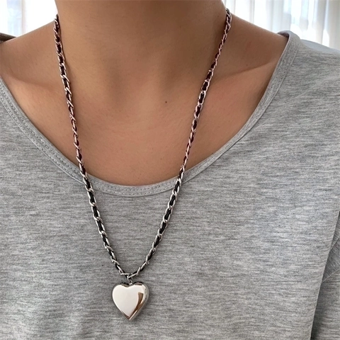 Collana Lunga con Ciondolo a Cuore in Acciaio al Titanio Catena in Metallo e Pelle Intrecciata Argento Gioielli Hip Hop Unisex