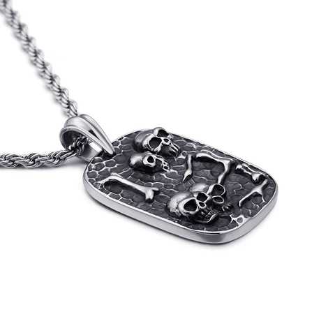 Punk Skull Dog Tag Pendant For Men Stainless Steel Gothic Rock Style Distressed Vintage Silver Finish Jewelry