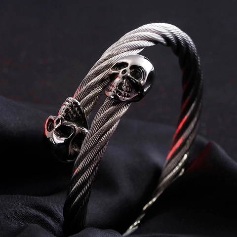 Mens Stainless Steel Skull Open Cuff Bangle Twisted Cable Wire Bracelet Punk Gothic Rock Biker Jewelry