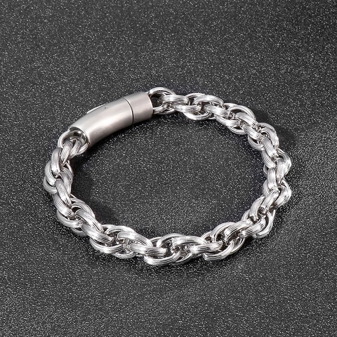 Pulsera Hombre Acero De Titanio Cadena Tejida Gruesa Joyería Estilo Punk Biker Con Cierre Cilíndrico