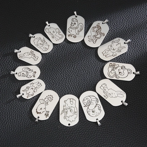 Chinesisches Tierkreiszeichen Cartoon Tier Anhänger 316L Edelstahl Laser Graviert Hundemarke Poliert Minimalistischer Schmuck