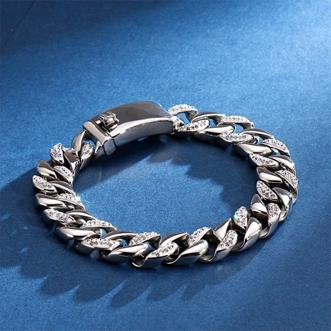 Pulsera De Cadena Cubana Para Hombre Acero Inoxidable Circón Diamantes De Imitación Hip Hop Joyería Streetwear