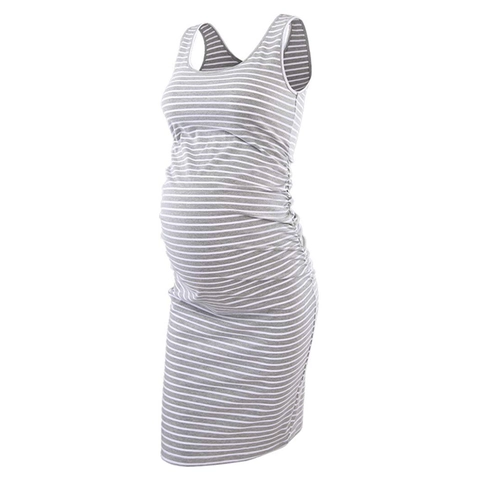 Gestreepte Positiejurk Mouwloos Geplooide Zijkanten Ronde Hals Bodycon Knielengte Stretch Zwangerschapskleding