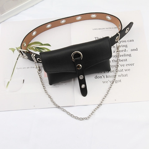 Cintura In Pelle PU Punk Da Donna Con Catena In Metallo Rimovibile E Pochette Per Telefono Con Occhielli