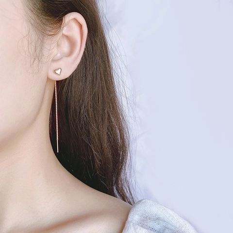 Orecchini A Filo Cuore Rame Catena Lunga Nappa Pendenti Eleganti Gioielli Minimalisti Donna Finitura Lucida