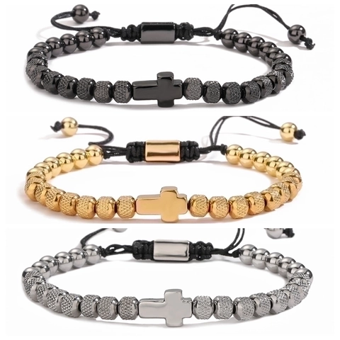 Pulsera De Cuentas Vintage Cuentas De Cobre Colgante De Cruz Corona Cordón Tejido Ajustable Joyería De Moda Para Hombres Mujeres