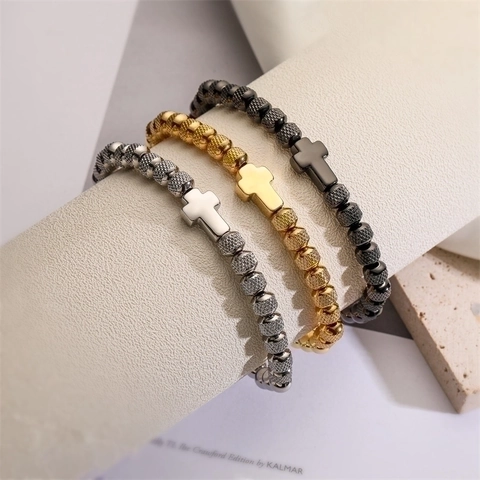 Pulsera De Cuentas Vintage Cuentas De Cobre Colgante De Cruz Corona Cordón Tejido Ajustable Joyería De Moda Para Hombres Mujeres