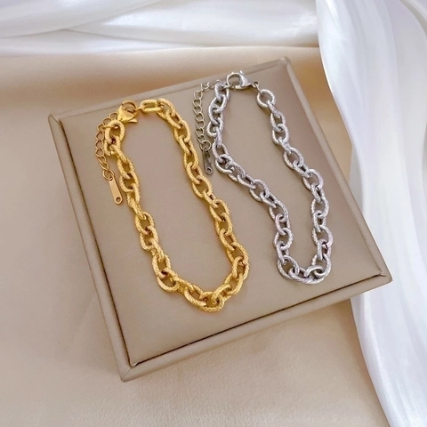 Retro Titaniumstaal Ketting Armband Voor Dames Minimalistisch Getextureerde Schakelarmband Goud Zilver Verguld Sieraden Cadeau
