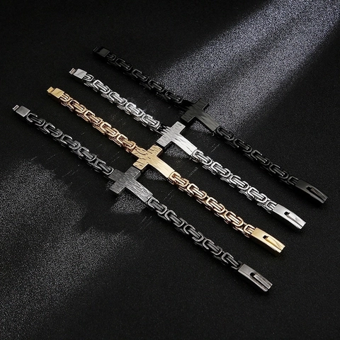 Pulsera De Hombre De Acero Inoxidable 316L Cruz Cadena Bizantina Textura Martillada Retro Punk Hip Hop Joyería