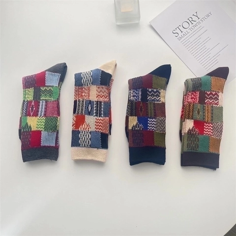 Retro Patchwork Crew Socks Cotton Blend Knit Geometric Plaid Fair Isle Pattern Japanese Style For Men Women