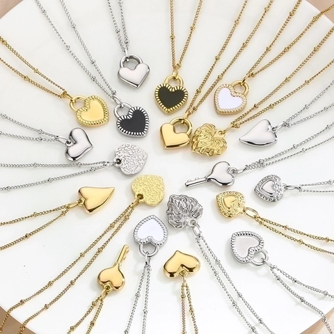 Heart Pendant Necklace Stainless Steel Jewelry For Women Zircon Inlay Enamel Lock Key Shape Beaded Chain Elegant Accessory