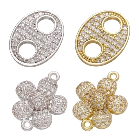 Brass Flower And Oval Connectors With Micro Pave Zircon For DIY Bracelet Necklace Jewelry Making