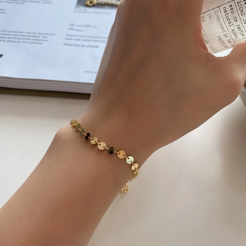 925 Sterling Silber Rundscheiben Kette Armband Für Damen 18K Vergoldet Französischer Stil Pailletten Gliederschmuck Verstellbar