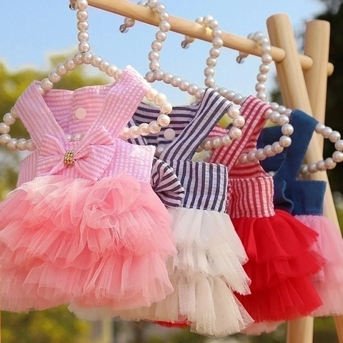 Pet Princess Dress Striped Tulle Tutu Skirt With Bowknot For Small Dogs Cats Summer Breathable Puppy Apparel